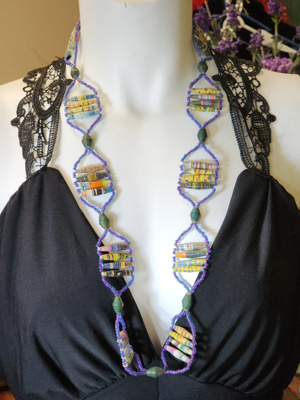 Vintage Unique Handmade Boho Purple Beaded Multicolor Paper Bead Necklace